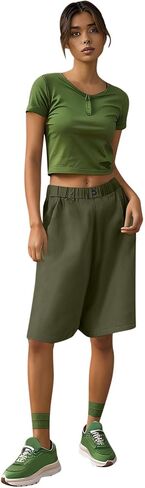 Bermuda Shorts for Women Casual Wide Leg Knee Length Linen Shorts Elastic Waist Summer Beach Long Short with Pokcets in Saudi Arabia