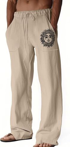 Men's Linen Beach Pants - Lightweight Printed Drawstring Waist for Vacation Yoga in Saudi Arabia