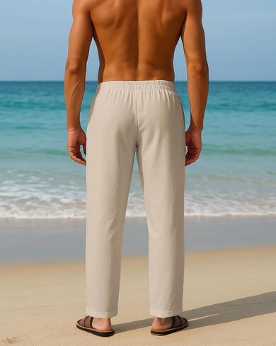 Men's Linen Beach Pants - Lightweight Printed Drawstring Waist for Vacation Yoga in Saudi Arabia