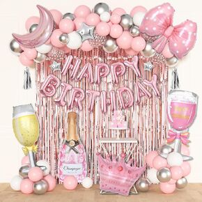 Ouddy Life Pink Happy Birthday Party Decorations for Women Girls, Pink Happy Birthday Love Crown Bow Bottle Lipstick Balloons Fringe Curtain for Princess Birthday Wedding Baby Shower Party Supplies in Kuwait
