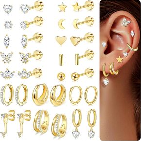 14K Gold Plated Plated Back Strains & Hoops Set - 16 أزواج غضروف الغضروف Hypoallergenic والأطواق الصغيرة للنساء | التصميم الضغوط غير الخيطية ، النجم الصغير ، القمر ، القلب ، ترصيع تشيك تشيكيلالد وأطواق مكتنزة in Kuwait