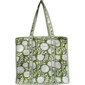 Quilted Cotton Handprinted Block print Reversible Large multicolor Floral Tote Bag (COTTON, GREEN,FLORAL) in Saudi Arabia