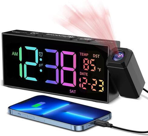 Netzu Projection Clock for Bedroom Ceiling, Alarm Clocks with 350° Rotatable Projector, Date Temperature and Weekday, Manual DST, 5 Brightness, 10 Ringtones, 4 Volumes and Snooze in Kuwait