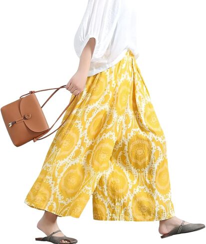 chouyatou Women's Loose Floral Printed Cotton Crop Pants Elastic Waist Wide Leg Palazzo Trousers in Saudi Arabia