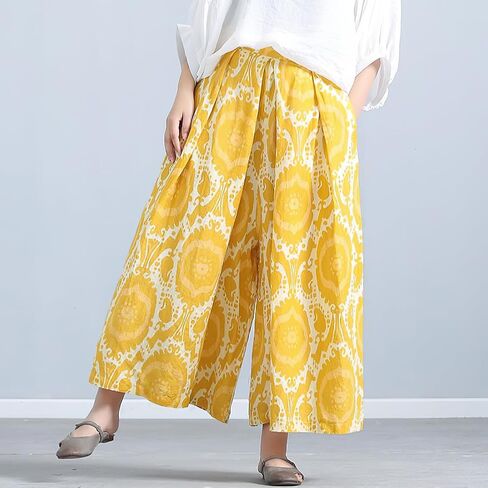 chouyatou Women's Loose Floral Printed Cotton Crop Pants Elastic Waist Wide Leg Palazzo Trousers in Saudi Arabia