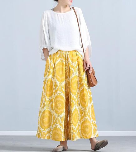 chouyatou Women's Loose Floral Printed Cotton Crop Pants Elastic Waist Wide Leg Palazzo Trousers in Saudi Arabia