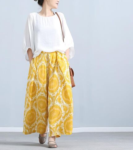 chouyatou Women's Loose Floral Printed Cotton Crop Pants Elastic Waist Wide Leg Palazzo Trousers in Saudi Arabia