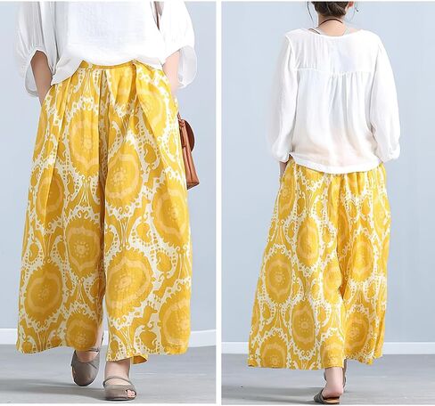 chouyatou Women's Loose Floral Printed Cotton Crop Pants Elastic Waist Wide Leg Palazzo Trousers in Saudi Arabia
