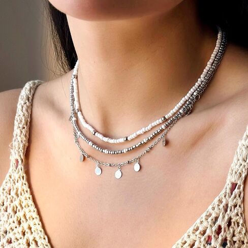 RINHOO FRIENDSHIP Bead Choker Necklace for Woman Bohemian Beaded Layered Summer Necklace Adjustable Beach Jewelry for Woman in Kuwait