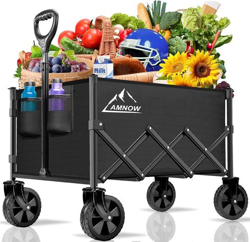 Collapsible Folding Beach Wagon Cart, Utility Large Capacity Cart Foldable Wagon with All Terrain Wheels, Grocery Wagon Cart for Garden Shopping Sports Camping, Black in Kuwait