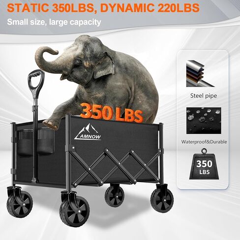 Collapsible Folding Beach Wagon Cart, Utility Large Capacity Cart Foldable Wagon with All Terrain Wheels, Grocery Wagon Cart for Garden Shopping Sports Camping, Black in Kuwait