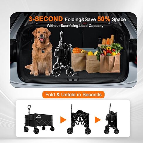 Collapsible Folding Beach Wagon Cart, Utility Large Capacity Cart Foldable Wagon with All Terrain Wheels, Grocery Wagon Cart for Garden Shopping Sports Camping, Black in Kuwait