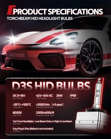 Torchbeam D3S HID Bulbs, Xenon 8000K 35W HID Bulb with Metal Stents Base, Waterproof Design, Plug and Play, Pack of 2 in Kuwait