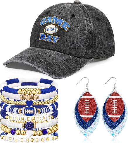 10 Pcs Football Game Day Accessories for Women Set, Embroidered Football Hat, Beaded Bracelets and Earrings in Saudi Arabia