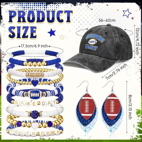 10 Pcs Football Game Day Accessories for Women Set, Embroidered Football Hat, Beaded Bracelets and Earrings in Saudi Arabia