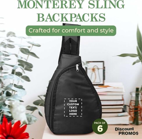 DISCOUNT PROMOS Custom Monterey Sling Backpacks Set of 12, Personalized Bulk Pack - Adjustable, Comfort Fit, Lightweight, Ideal for Commuting, Sports, Daily Use - Black in Saudi Arabia