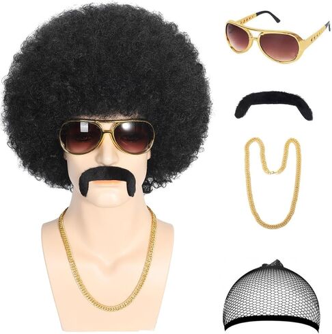 Afro Wig Men, 5pcs Set (Wig+ Glasses+ Necklace+ Mustache+ Wig Cap) 70s Disco Costume Wigs for Men Short Black Curly Mens Wigs Fluffy Synthetic Funny Wig for Halloween Chrismas Cosplay Party in Saudi Arabia