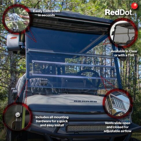 RED DOT Vented Tinted Golf Cart Windshield Compatible with Denago EV Rover XL Golf Carts | 1/4 Inch Acrylic | Made in the USA in Kuwait
