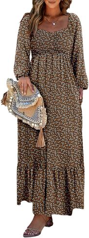 Dokotoo Fall Dresses for Women 2025 Boho Floral Smocked Empire Waist Square Neck Long Sleeve Button Beach Maxi Dress Sundress in Saudi Arabia