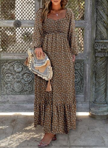 Dokotoo Fall Dresses for Women 2025 Boho Floral Smocked Empire Waist Square Neck Long Sleeve Button Beach Maxi Dress Sundress in Saudi Arabia