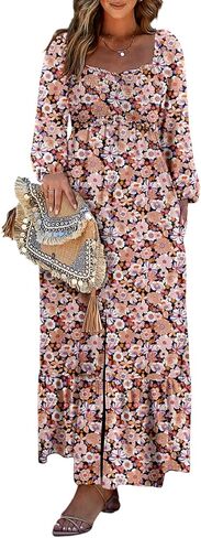 Dokotoo Fall Dresses for Women 2025 Boho Floral Smocked Empire Waist Square Neck Long Sleeve Button Beach Maxi Dress Sundress in Saudi Arabia