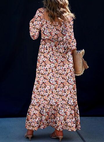 Dokotoo Fall Dresses for Women 2025 Boho Floral Smocked Empire Waist Square Neck Long Sleeve Button Beach Maxi Dress Sundress in Saudi Arabia