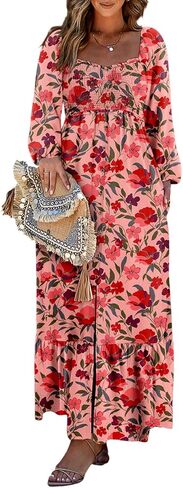 Dokotoo Fall Dresses for Women 2025 Boho Floral Smocked Empire Waist Square Neck Long Sleeve Button Beach Maxi Dress Sundress in Saudi Arabia