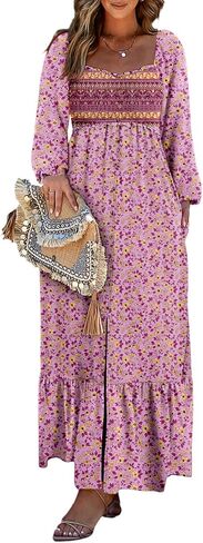 Dokotoo Fall Dresses for Women 2025 Boho Floral Smocked Empire Waist Square Neck Long Sleeve Button Beach Maxi Dress Sundress in Saudi Arabia