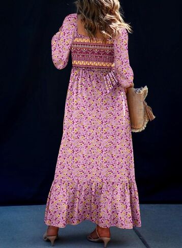 Dokotoo Fall Dresses for Women 2025 Boho Floral Smocked Empire Waist Square Neck Long Sleeve Button Beach Maxi Dress Sundress in Saudi Arabia