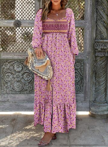 Dokotoo Fall Dresses for Women 2025 Boho Floral Smocked Empire Waist Square Neck Long Sleeve Button Beach Maxi Dress Sundress in Saudi Arabia