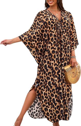 ChiaoLezhee Print Moo-Moos for Women, Kaftan Cover-Up Dresses, Sexy V-Neck High-Slit, Beach Pool-Party Coverups Muumuu Plus in Saudi Arabia