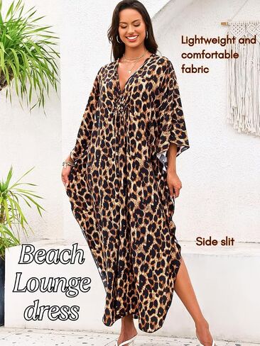 ChiaoLezhee Print Moo-Moos for Women, Kaftan Cover-Up Dresses, Sexy V-Neck High-Slit, Beach Pool-Party Coverups Muumuu Plus in Saudi Arabia
