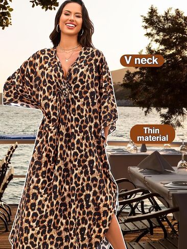 ChiaoLezhee Print Moo-Moos for Women, Kaftan Cover-Up Dresses, Sexy V-Neck High-Slit, Beach Pool-Party Coverups Muumuu Plus in Saudi Arabia