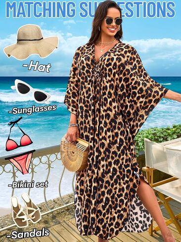 ChiaoLezhee Print Moo-Moos for Women, Kaftan Cover-Up Dresses, Sexy V-Neck High-Slit, Beach Pool-Party Coverups Muumuu Plus in Saudi Arabia