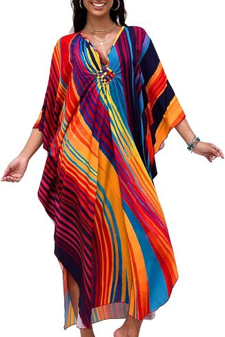 ChiaoLezhee Print Moo-Moos for Women, Kaftan Cover-Up Dresses, Sexy V-Neck High-Slit, Beach Pool-Party Coverups Muumuu Plus in Saudi Arabia