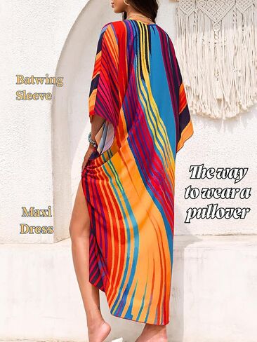 ChiaoLezhee Print Moo-Moos for Women, Kaftan Cover-Up Dresses, Sexy V-Neck High-Slit, Beach Pool-Party Coverups Muumuu Plus in Saudi Arabia