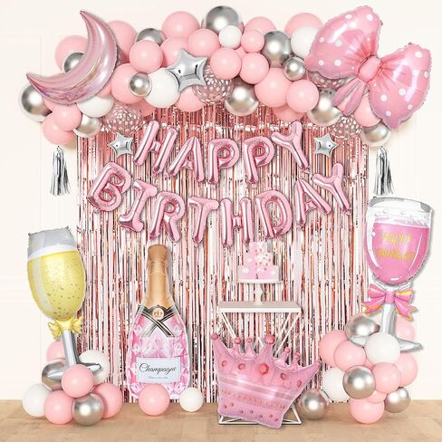 Ouddy Life Pink Happy Birthday Party Decorations for Women Girls, Pink Happy Birthday Love Crown Bow Bottle Lipstick Balloons Fringe Curtain for Princess Birthday Wedding Baby Shower Party Supplies in Kuwait