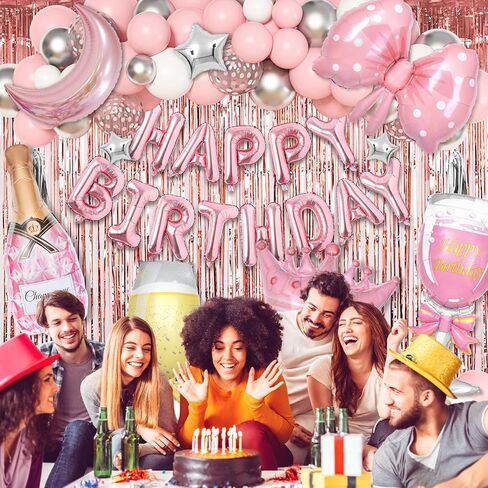 Ouddy Life Pink Happy Birthday Party Decorations for Women Girls, Pink Happy Birthday Love Crown Bow Bottle Lipstick Balloons Fringe Curtain for Princess Birthday Wedding Baby Shower Party Supplies in Kuwait