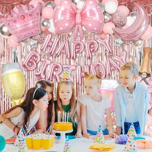 Ouddy Life Pink Happy Birthday Party Decorations for Women Girls, Pink Happy Birthday Love Crown Bow Bottle Lipstick Balloons Fringe Curtain for Princess Birthday Wedding Baby Shower Party Supplies in Kuwait