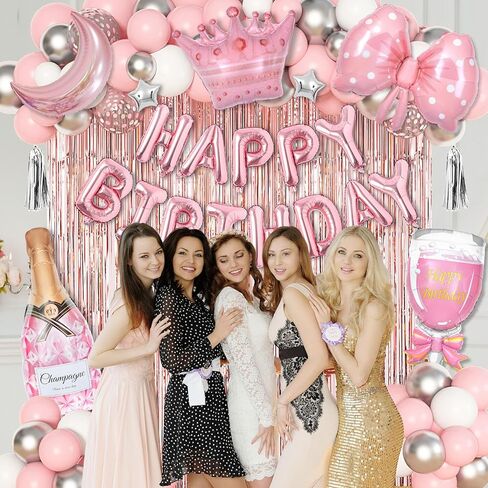 Ouddy Life Pink Happy Birthday Party Decorations for Women Girls, Pink Happy Birthday Love Crown Bow Bottle Lipstick Balloons Fringe Curtain for Princess Birthday Wedding Baby Shower Party Supplies in Kuwait