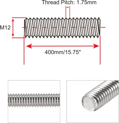 Fully Threaded Rod M12 x 300mm 1.75mm Thread Pitch, 304 Stainless Steel Right Hand Threaded Rods Bar Studs for Furniture Machinery Assembly 【with Nuts】 in Kuwait