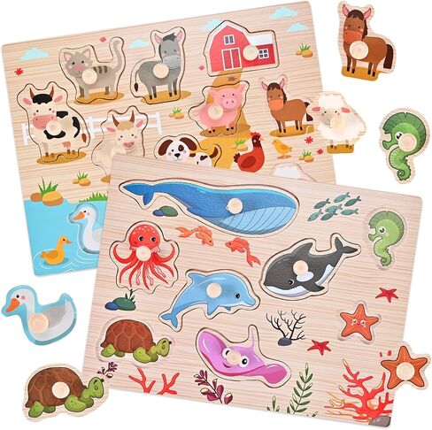 Wooden Peg Puzzles for Toddlers 1 2 3 Years Old, 2 Pack Montessori Educational Learning Puzzles Set, Toddler Puzzles Toy with Animal and Sea Themes, Great Preschool Present for Girls and Boys in Saudi Arabia