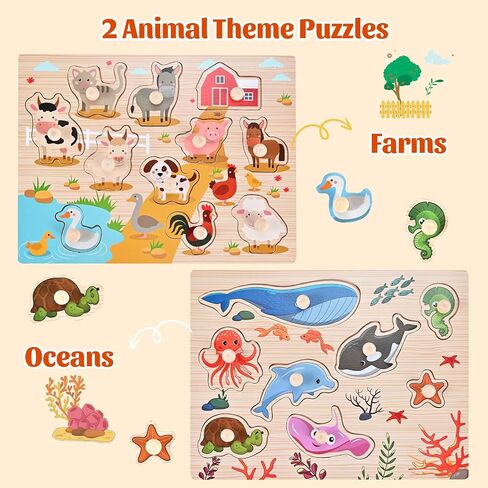Wooden Peg Puzzles for Toddlers 1 2 3 Years Old, 2 Pack Montessori Educational Learning Puzzles Set, Toddler Puzzles Toy with Animal and Sea Themes, Great Preschool Present for Girls and Boys in Saudi Arabia