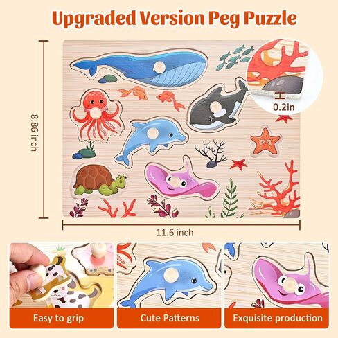 Wooden Peg Puzzles for Toddlers 1 2 3 Years Old, 2 Pack Montessori Educational Learning Puzzles Set, Toddler Puzzles Toy with Animal and Sea Themes, Great Preschool Present for Girls and Boys in Saudi Arabia