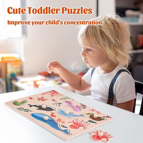 Wooden Peg Puzzles for Toddlers 1 2 3 Years Old, 2 Pack Montessori Educational Learning Puzzles Set, Toddler Puzzles Toy with Animal and Sea Themes, Great Preschool Present for Girls and Boys in Saudi Arabia