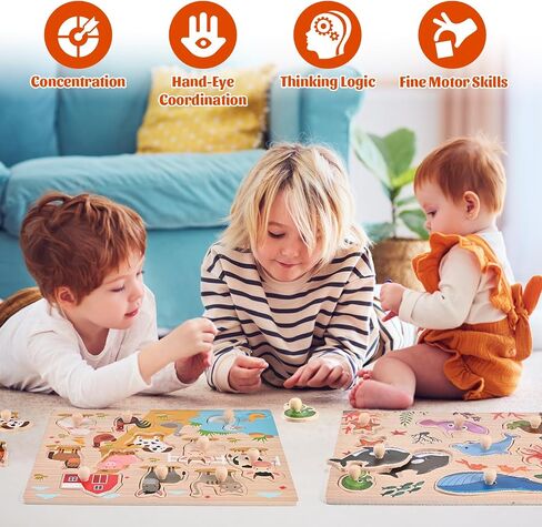 Wooden Peg Puzzles for Toddlers 1 2 3 Years Old, 2 Pack Montessori Educational Learning Puzzles Set, Toddler Puzzles Toy with Animal and Sea Themes, Great Preschool Present for Girls and Boys in Saudi Arabia