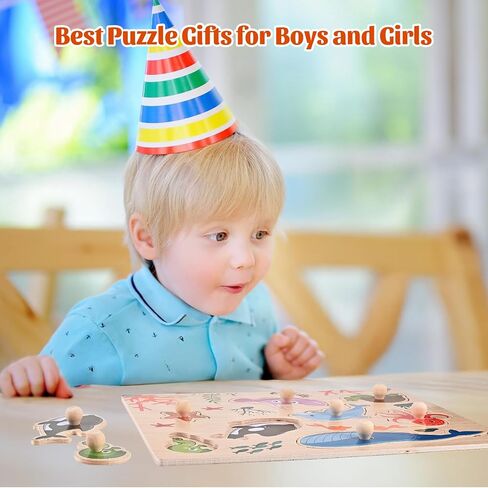 Wooden Peg Puzzles for Toddlers 1 2 3 Years Old, 2 Pack Montessori Educational Learning Puzzles Set, Toddler Puzzles Toy with Animal and Sea Themes, Great Preschool Present for Girls and Boys in Saudi Arabia