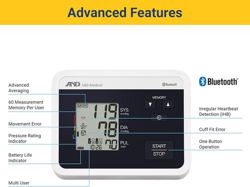 A&D Medical UltraConnect Upper Arm All-in-One Blood Pressure Monitor with Bluetooth, Blood Pressure Cuff (22 - 42 cm Range), One Click Operation in Saudi Arabia