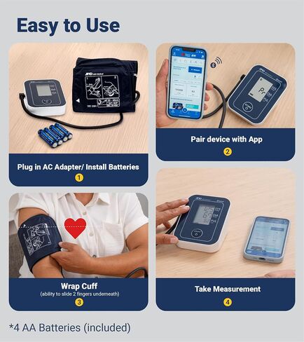 A&D Medical UltraConnect Upper Arm All-in-One Blood Pressure Monitor with Bluetooth, Blood Pressure Cuff (22 - 42 cm Range), One Click Operation in Kuwait