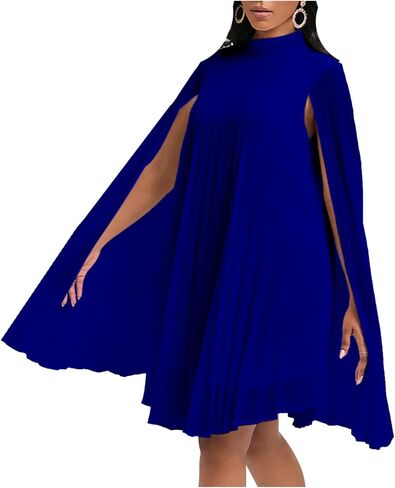 OMZIN Women's Stand Collar Pleated Cape Sleeve Dress Loose Knee Length Club Dress Summer Solid Color Dress in Saudi Arabia